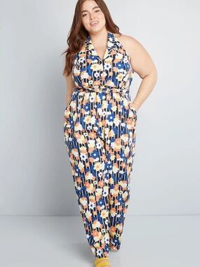 Modcloth Women’s Floral Halter Jumpsuit Backless Belted in Multicolor 4X